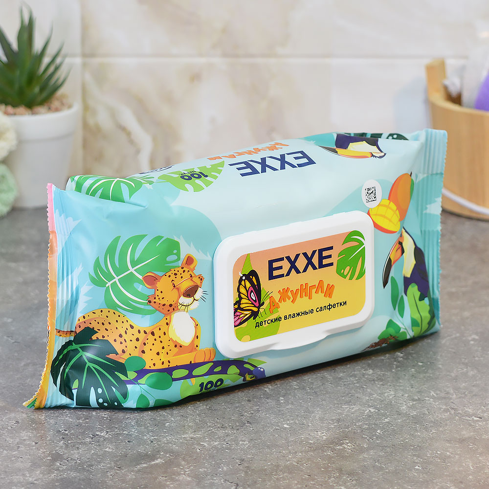 Салфетки влажные для детей 100шт "Джунгли" микс Манго, EXXE