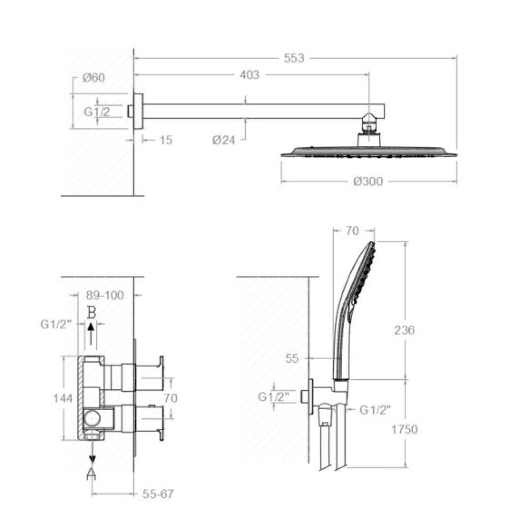 Встраиваемый термостат. смеситель для душа с троп. и ручным душем BLAUTHERM 948722RP300GR графит