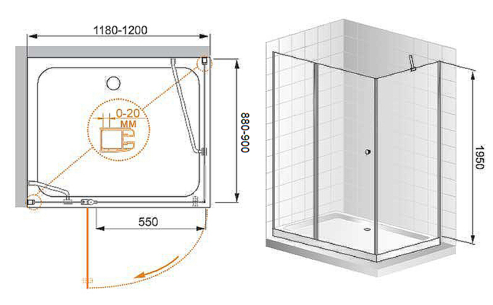 Душевой уголок Cezares Elena 120x90 L ELENA-W-AH-1-120/90-P-Cr-L профиль Хром стекло рифленое