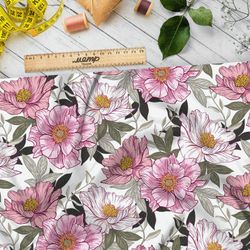 Ткань ниагара розовые цветы серые листья