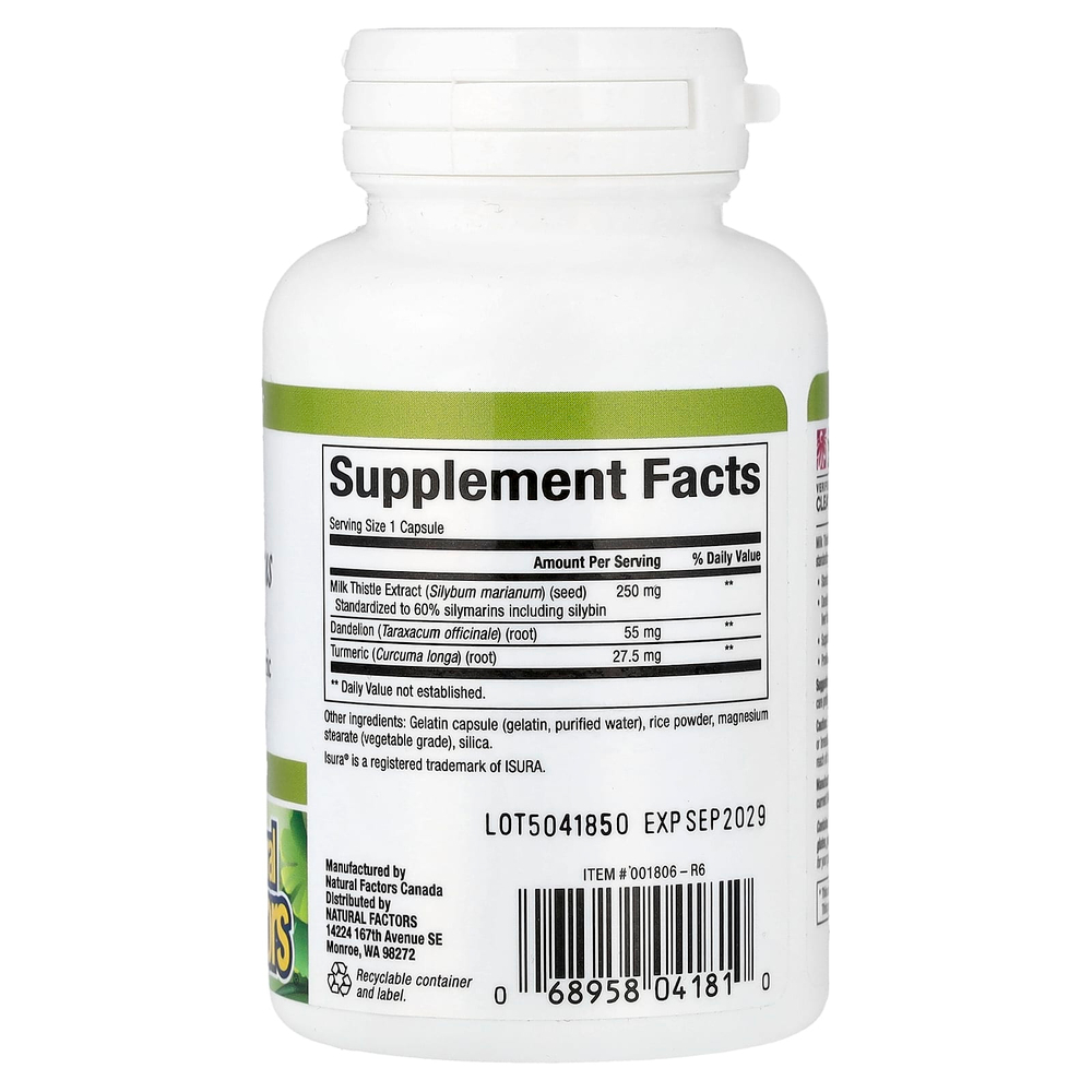 Natural Factors, расторопша, 250 мг, 90 капсул