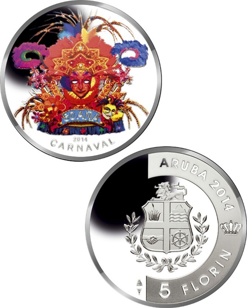 5 флорин 2014 год. Карибский карнавал Фестиваль. Аруба. Серебро