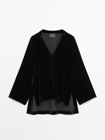 Massimo Dutti Бархатное кимоно с контрастными деталями, черный