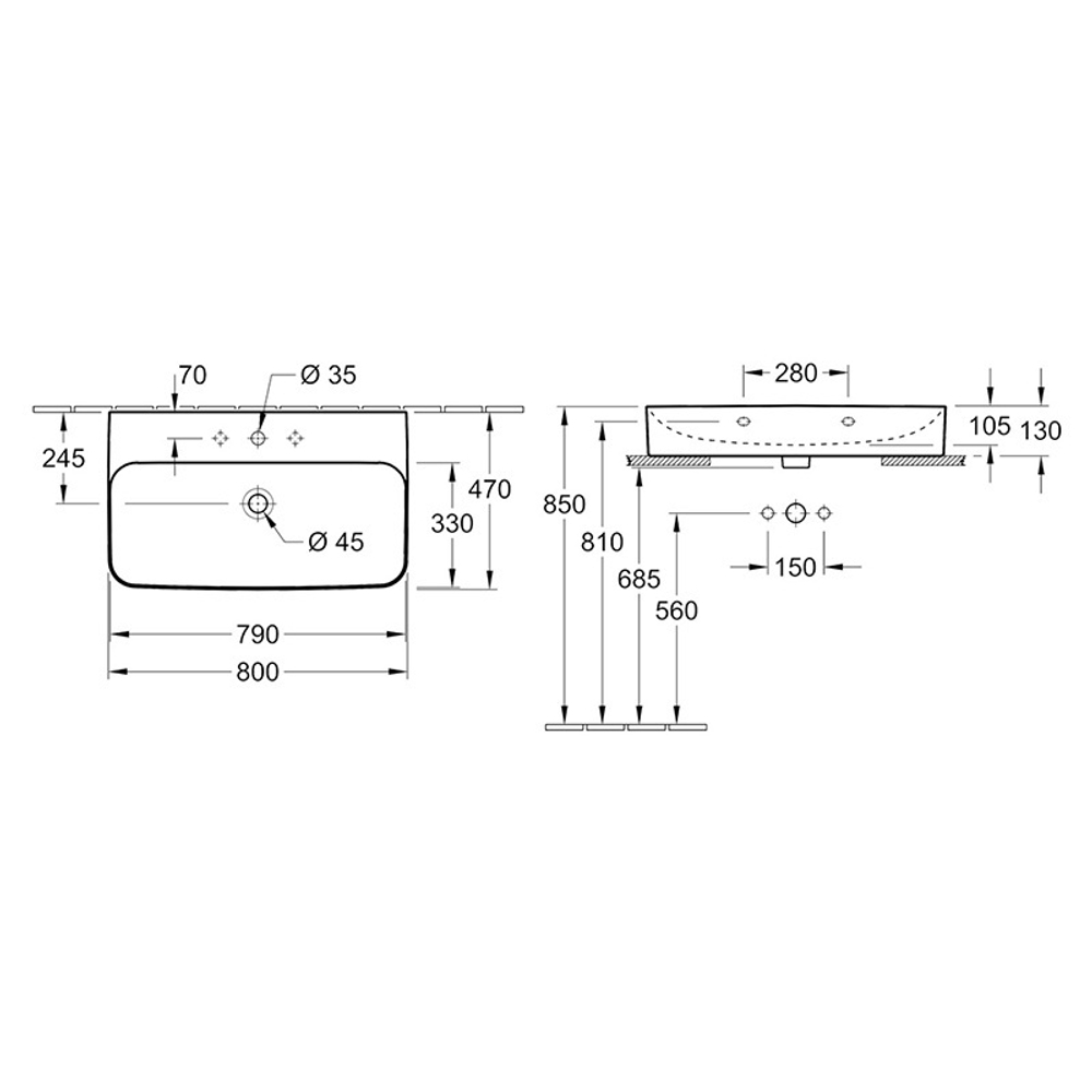 Раковина подвесная Villeroy &amp; Boch Finion, 80х47 см, скрытый перелив, CeramicPlus, альпийский белый, 41688CR1