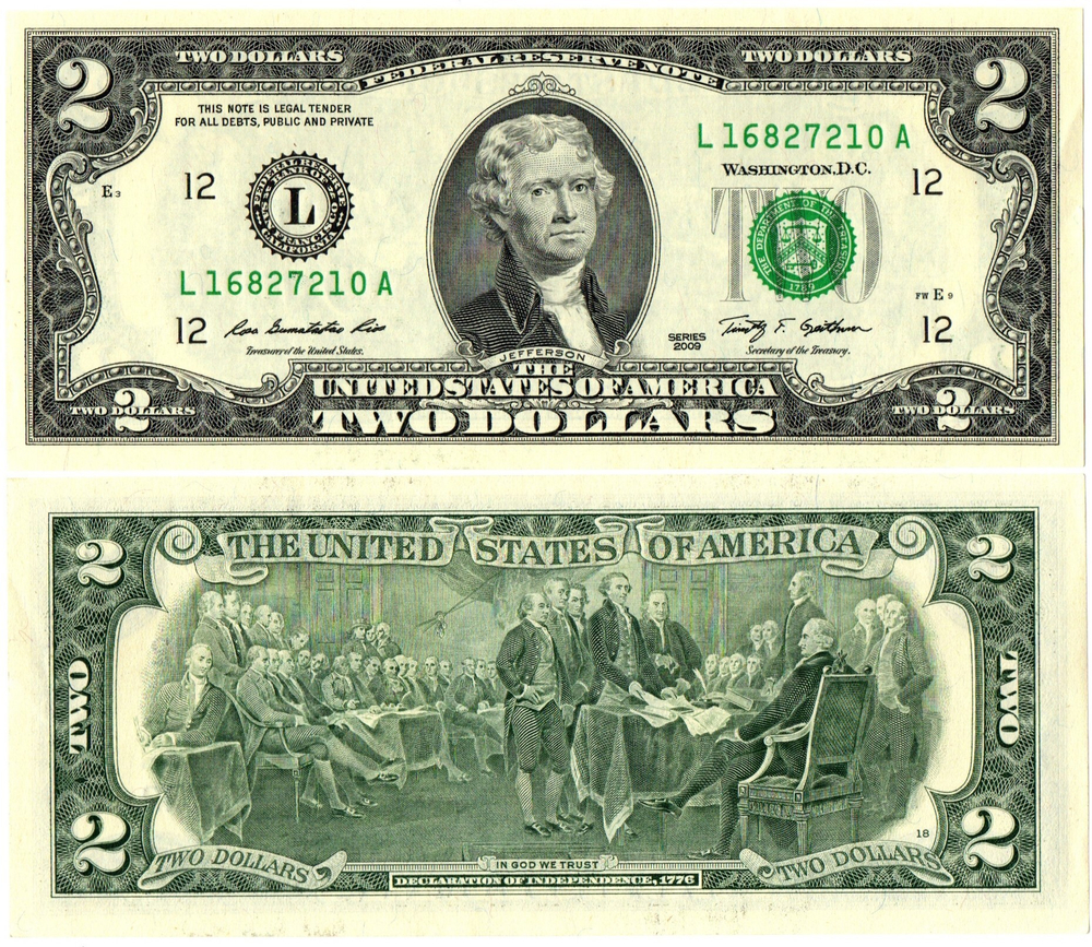 Банкнота 2 доллара 2009 г. Декларация независимости 1776 г. Пресс UNC