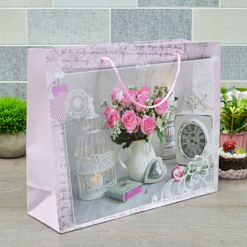 Пакет бумажный 32*26*10см с ручками матовый "Цветы" микс