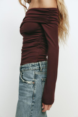 ZARA ТОП С АСИММЕТРИЧНОЙ ГОРЛОВИНОЙ, ВИННЫЙ