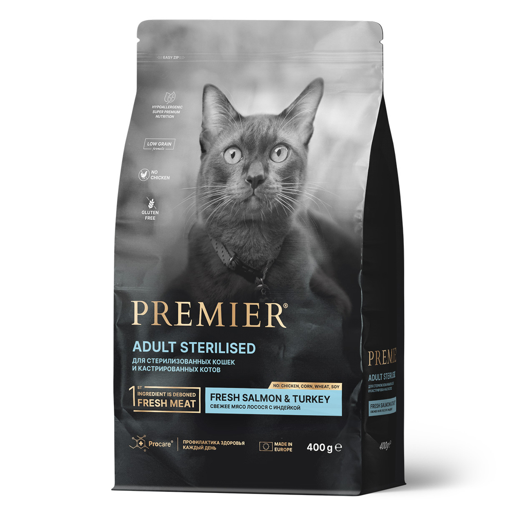 Premier Cat Sterilised Salmon Turkey Сухой корм для стерилизованных кошек с лососем и индейкой, 400гр
