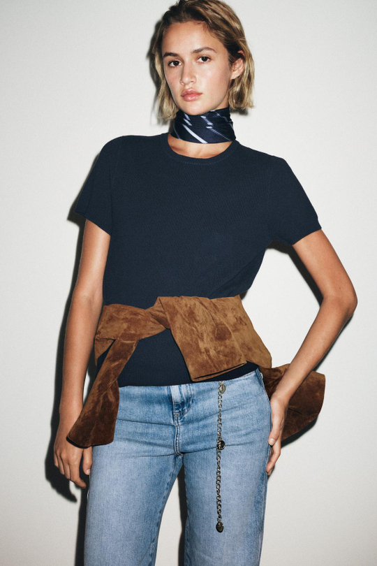 ZARA ОДНОТОННЫЙ ТОП С КОРОТКИМИ РУКАВАМИ, МОРСКОЙ СИНИЙ