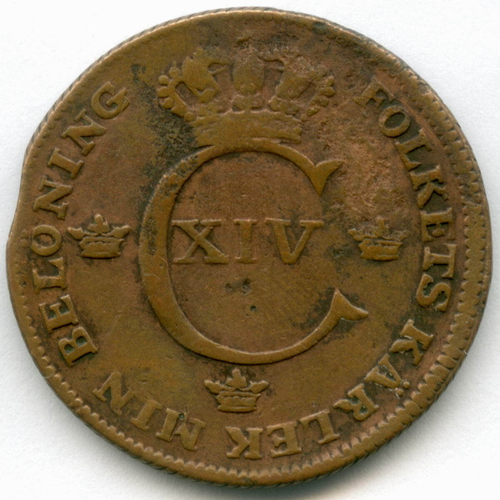 1/2 скиллинга 1819 год. Швеция. Медь. F-VF