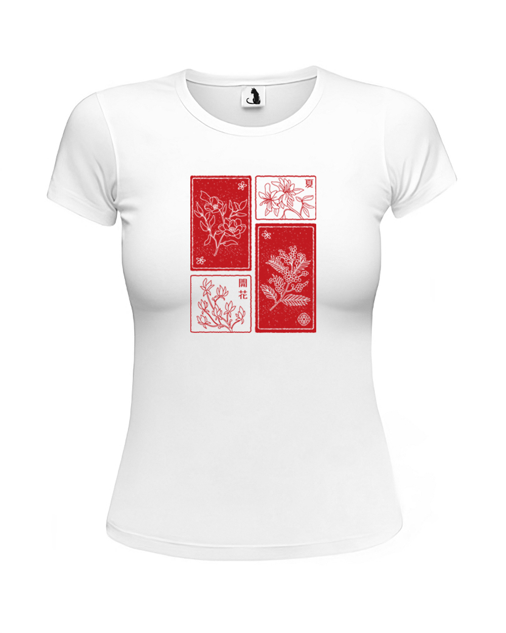 Футболка Цветы сакуры женская приталенная белая с красным рисунком