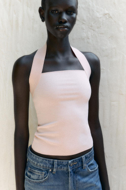 ZARA ЭЛАСТИЧНЫЙ ТОП С ГОРЛОВИНОЙ ХАЛТЕР, РОЗОВЫЙ