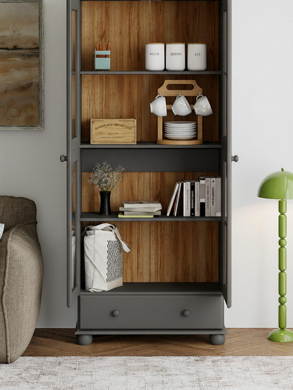 Шкаф витрина 2 двери 1 ящик Бритта из массива сосны, серый