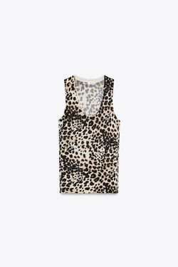 ZARA БАЗОВЫЙ ОДНОТОННЫЙ ТРИКОТАЖНЫЙ ТОП, ЛЕОПАРДОВЫЙ