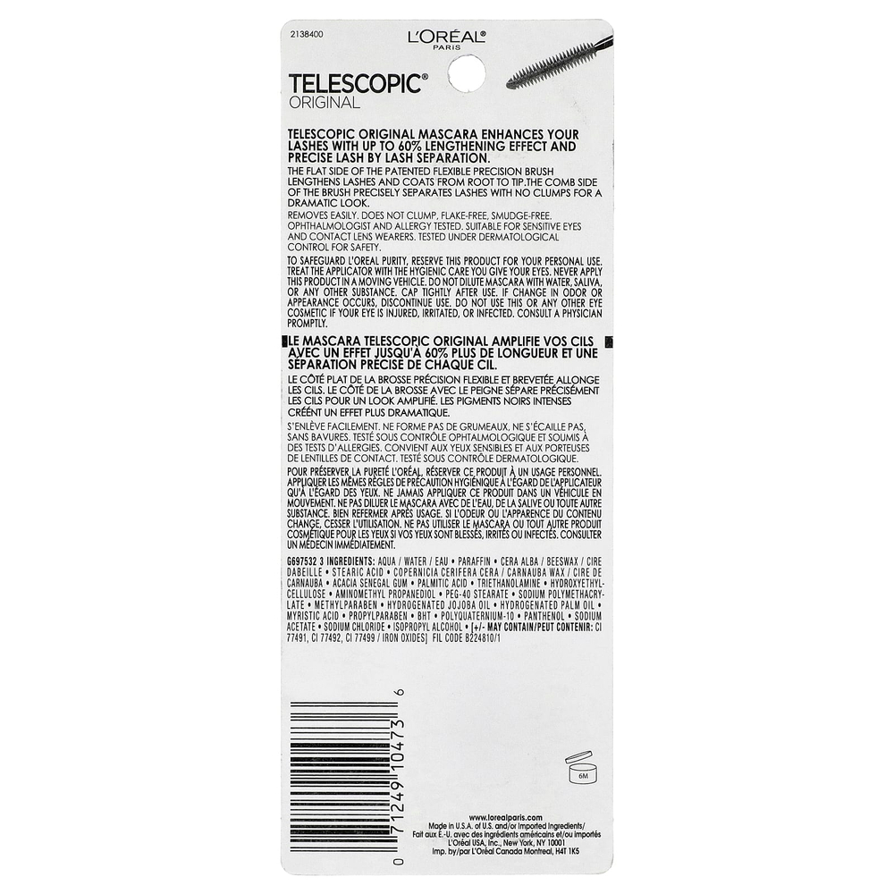 L'Oréal, Telescopic® Original Mascara, 915 черно-коричневый, 8 мл (0,27 жидк. Унции)