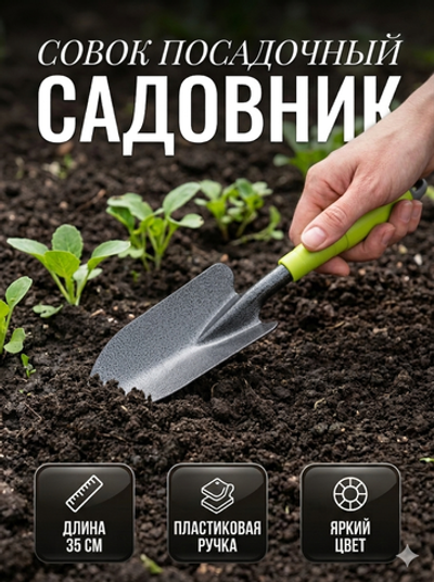 Совок посадочный «Садовник» 35см широкий, пластиковая ручка ДоброСад