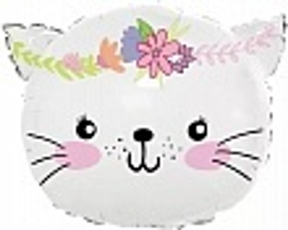 Шар (23""/58 см) Фигура, Котенок в цветах, Белый, 1 шт. Б4 ( 3 порции) Б012