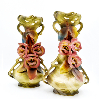 Парные вазы в стиле ар-нуво. Фарфор, лепнина, ручная роспись. Royal Dux, Богемия, Австро-Венгрия.