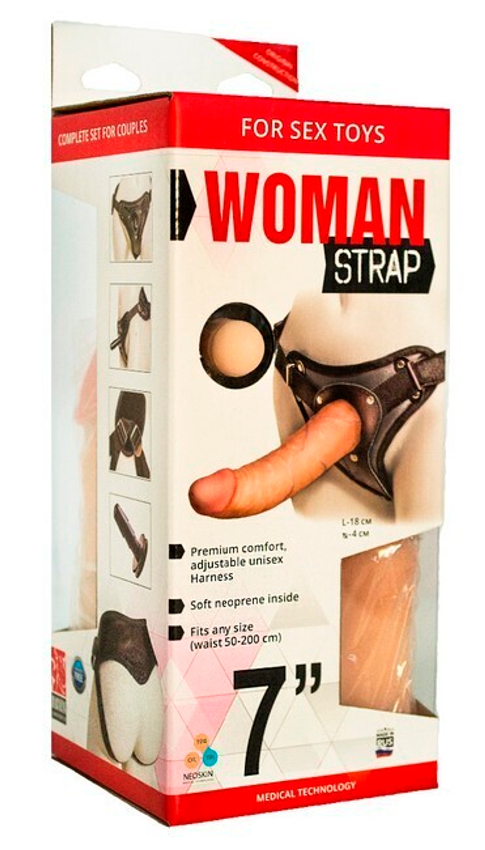 Двойной страпон для женщин, с насадкой 7 дюймов (Цвет: телесный с черным)