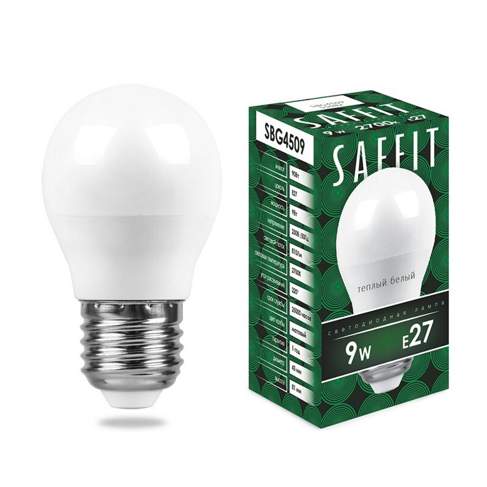 Лампа светодиодная. 9W 230V E27 2700K G45. SBG4509