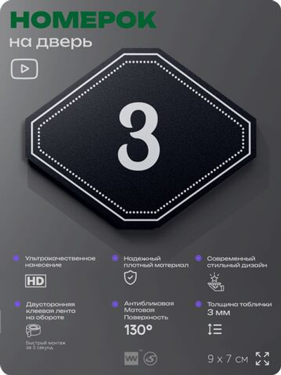 Номерок на дверь квартиры 3, для кабинета, офиса, шильдик 9 х 7 см, черный, Айдентика Технолоджи