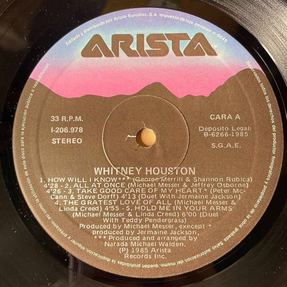 Винтажная виниловая пластинка Whitney Houston (Испания 1985)