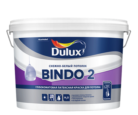 Краска для потолка, высокоукрывистая, белоснежная, матовая Dulux Bindo2 Innetak (9л)