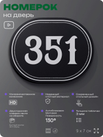 Номерок на дверь квартиры 351, для кабинета, офиса, шильдик 9 х 7 см, черный, Айдентика Технолоджи