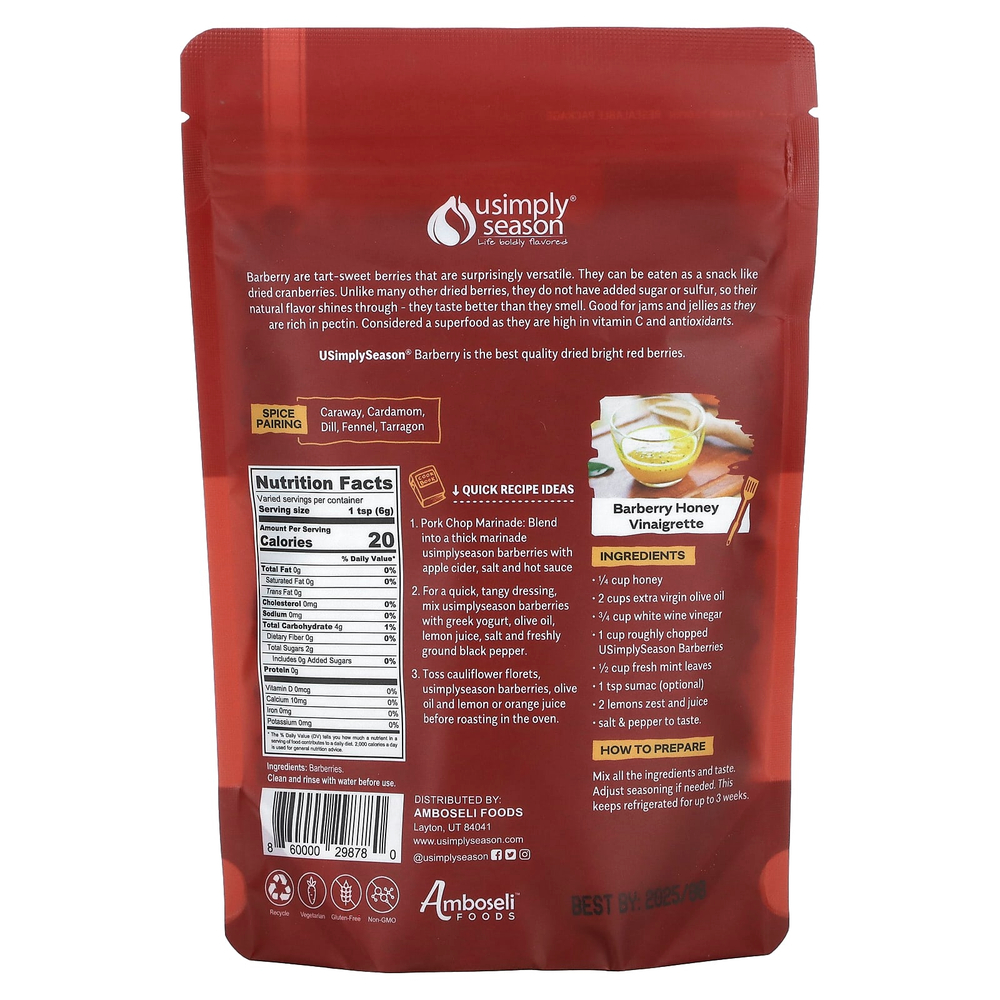 USimplySeason, ремесленные ягоды, барбарис (зарешк), цельные, 113 г (4 унции)