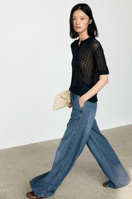 Massimo Dutti Трикотажное поло с ажурным узором, черный