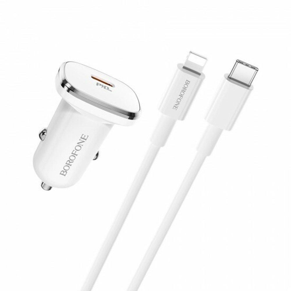 Автомобильный адаптер на USB белый, кабельType-C to Lightning, Borofone BZ12B, 3A, QC3.0, 012351