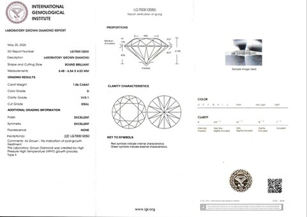 Лабораторно-выращенный бриллиант Кр-57 6.48-6.54 мм D/VVS1 1.06 ct