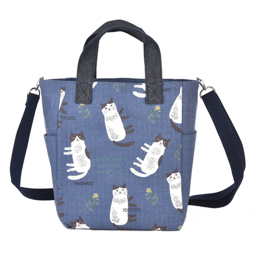 Сумка женская с котами, через плечо, на молнии и карманом для напитков "NAGONAGO", джинсовый синий, 23-6552-2, KUSUGURU