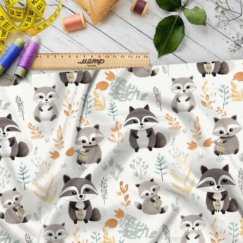 Ткань премиум шифон семья енотов
