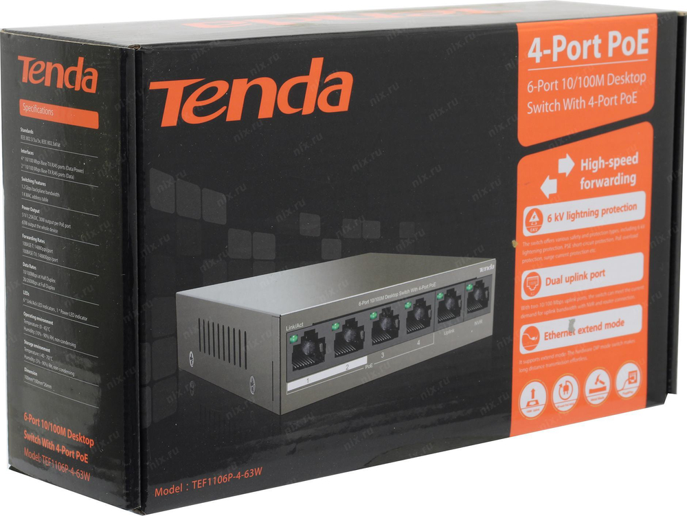 Коммутатор TENDA &lt;TEF1106P-4-63W&gt; 6-Port Desktop Switch + 4-Port PoE