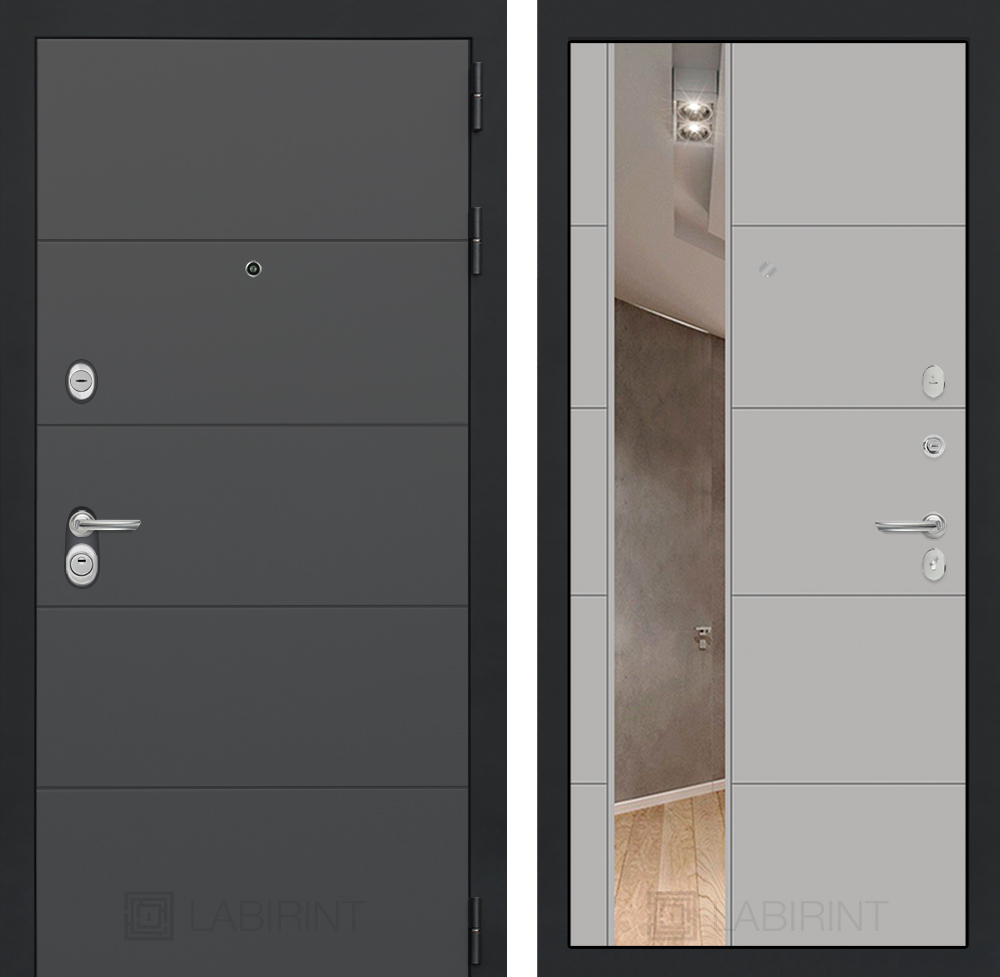 Дверь Входная Лабиринт ART Графит 19 С зеркалом Грей софт горизонтальная