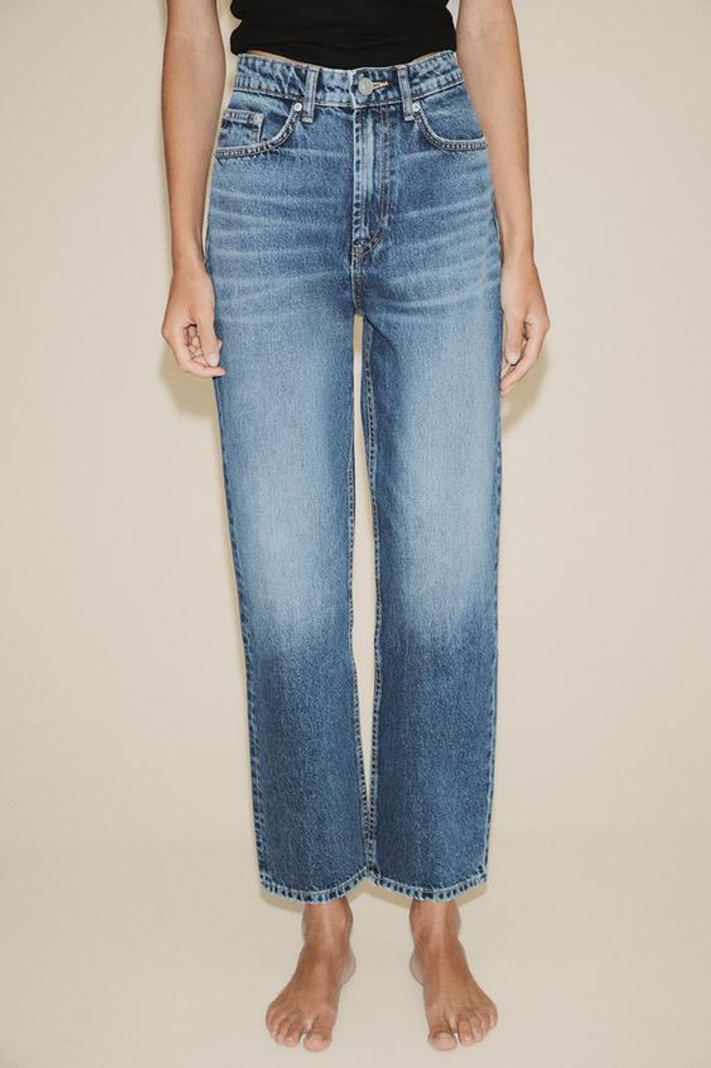 ZARA ДЖИНСЫ TRF MOM FIT С ВЫСОКОЙ ПОСАДКОЙ, СИНИЙ