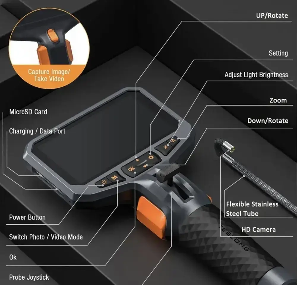 Эндоскоп/180 градусов/5.5 мм+ ЖК ДИСПЛЕЙ/ручной эндоскоп,Teslong