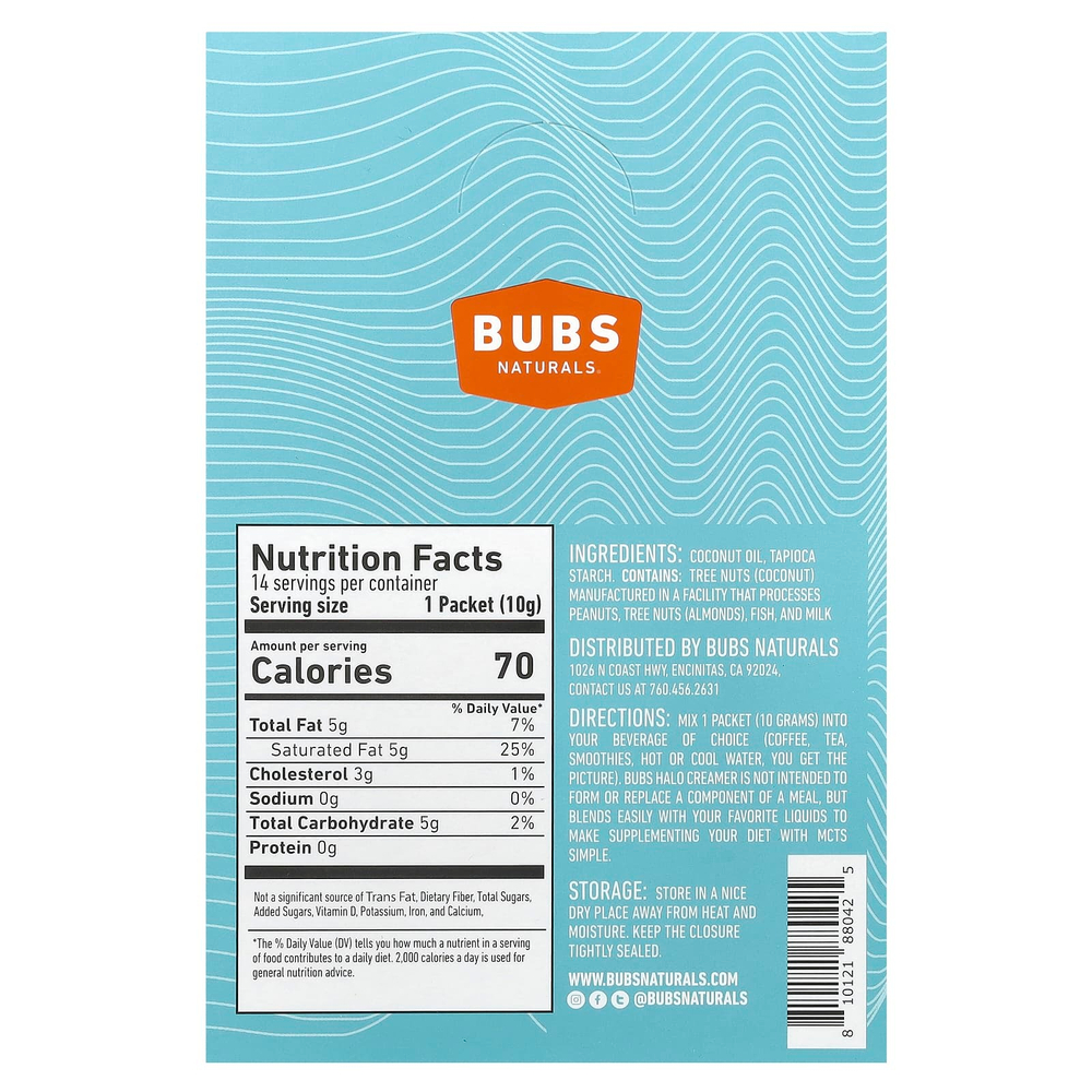BUBS Naturals, Halo Creamer, масло со среднецепочечными триглицеридами в порошке, без добавок, 14 пакетиков по 10 г (0,35 унции)