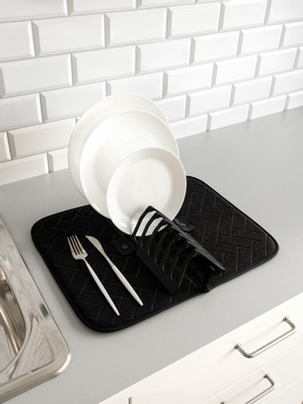 Набор: сушилка пластиковая с ковриком для сушки посуды DeNASTIA складная, черный