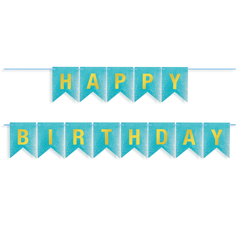 Гирлянда Флажки, Happy Birthday, Голубой/Золото, Металлик, с блестками, 350 см, 17*12 см