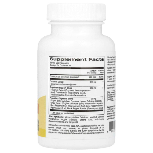 Super Nutrition, добавка для поддержки уровня глюкозы в крови, с пиколинатом хрома, экстрактами корицы, пажитника и винограда, 60 вегетарианских капсул