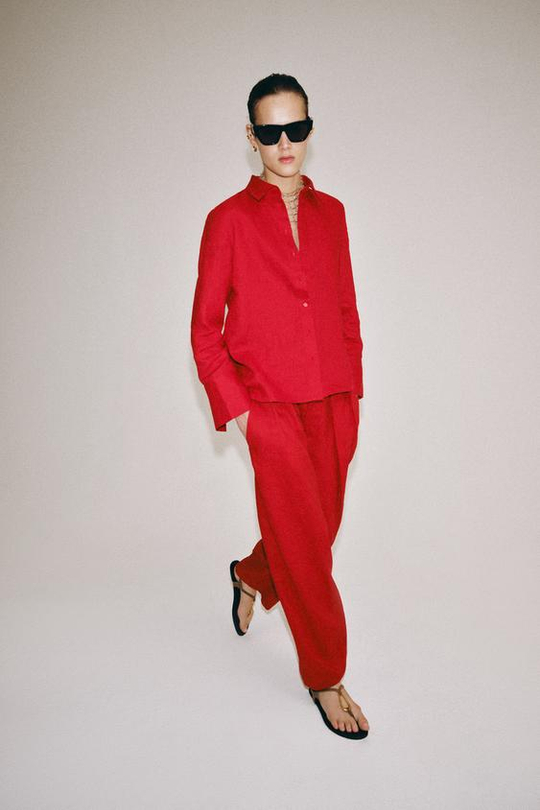 ZARA БРЮКИ ИЗ ЛЬНА СО СКЛАДКАМИ — ZW COLLECTION, КРАСНЫЙ