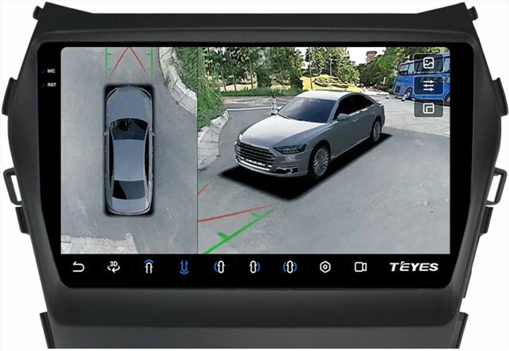 Магнитола для Hyundai Santa Fe 3 2012-2018 (отдельный экран климата, штатная КЗВ) - Teyes CC3-2K-360 монитор 9.5" 2K QLED на Android 10, 6Гб+128Гб, CarPlay, 4G SIM-слот, 4 камеры в комплекте