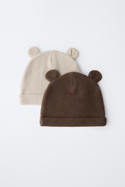 ZARA НАБОР ИЗ ДВУХ ШАПОК WAFFLE С УШКАМИ, ЭКРЮ/КОРИЧНЕВЫЙ