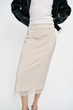 ZARA ЮБКА МИДИ С КРУЖЕВОМ, КОСТЯНОЙ