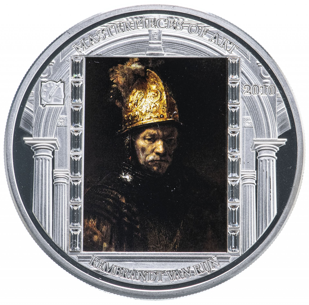 20 долларов 2010 год Шедевры мирового искусства Рембрандт Мужчина в золотом шлеме Острова Кука. Серебро.