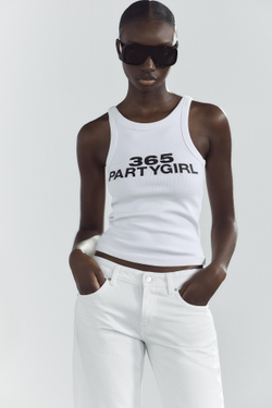 ZARA ТОП С БРЕТЕЛЯМИ И НАДПИСЬЮ CHARLIE XCX©, БЕЛЫЙ