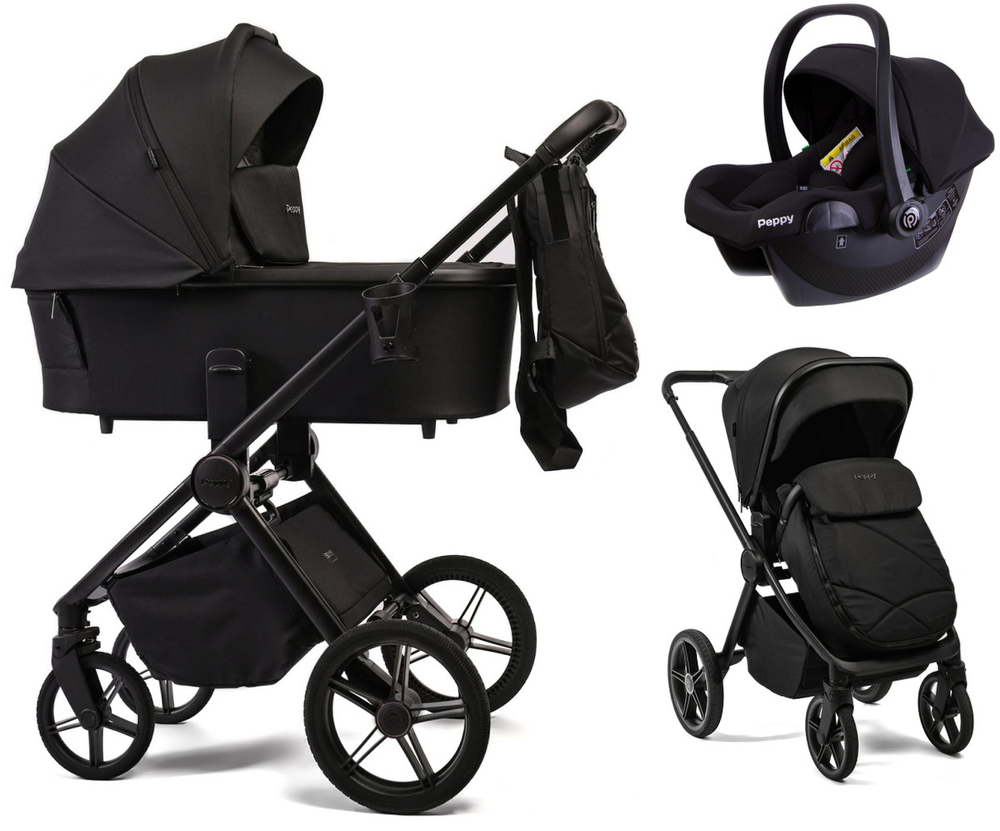 Детская коляска Peppy Monaco 3 в 1 с автокреслом Rise Black Black (черный), рама черная матовая