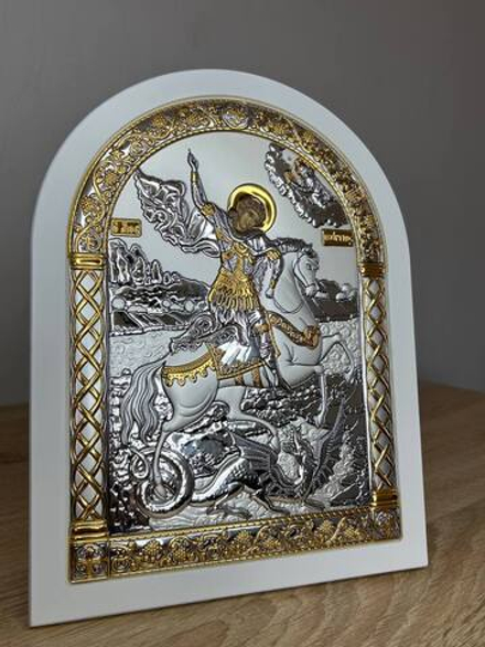 Георгий Победоносец, икона арочная, белое дерево 206х275